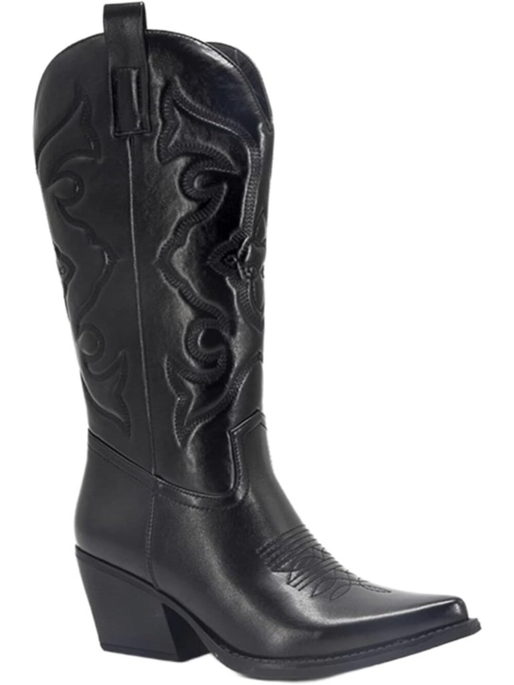 Women’s Black Knee High Cowboy Boots Wide Calf Embroidered Pointed Toe Western